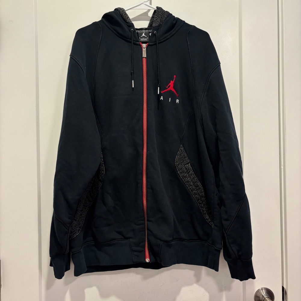 Jordan Air Mens XL Black Red Full Zip Elephant Print Jumpman Hoodie Y2K Style